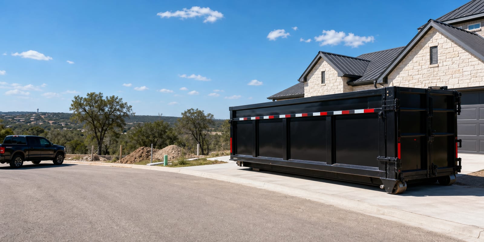 Roll-off dumpster staged in a Central Texas driveway